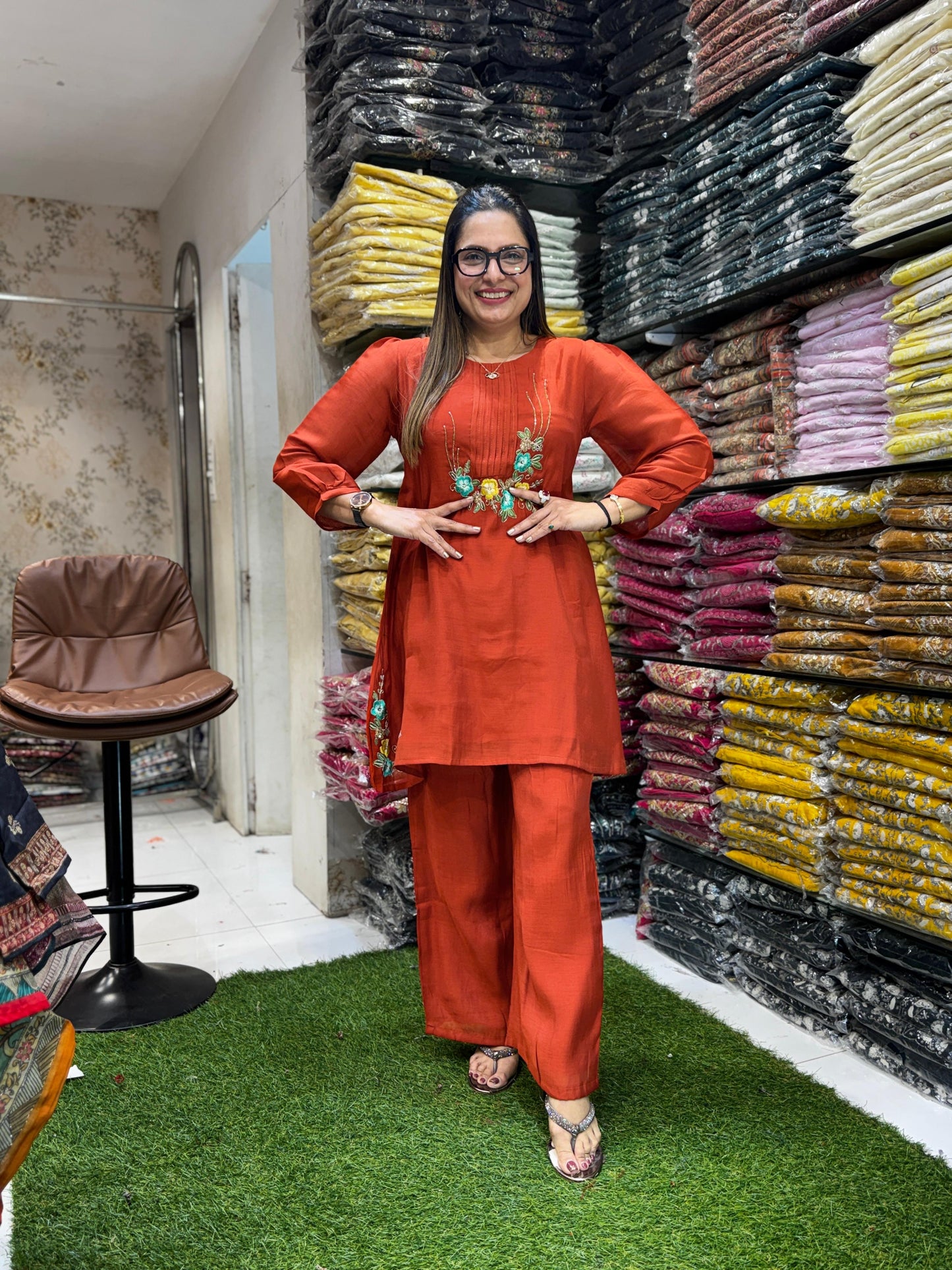 Mull Chanderi Orange 2pc Set
