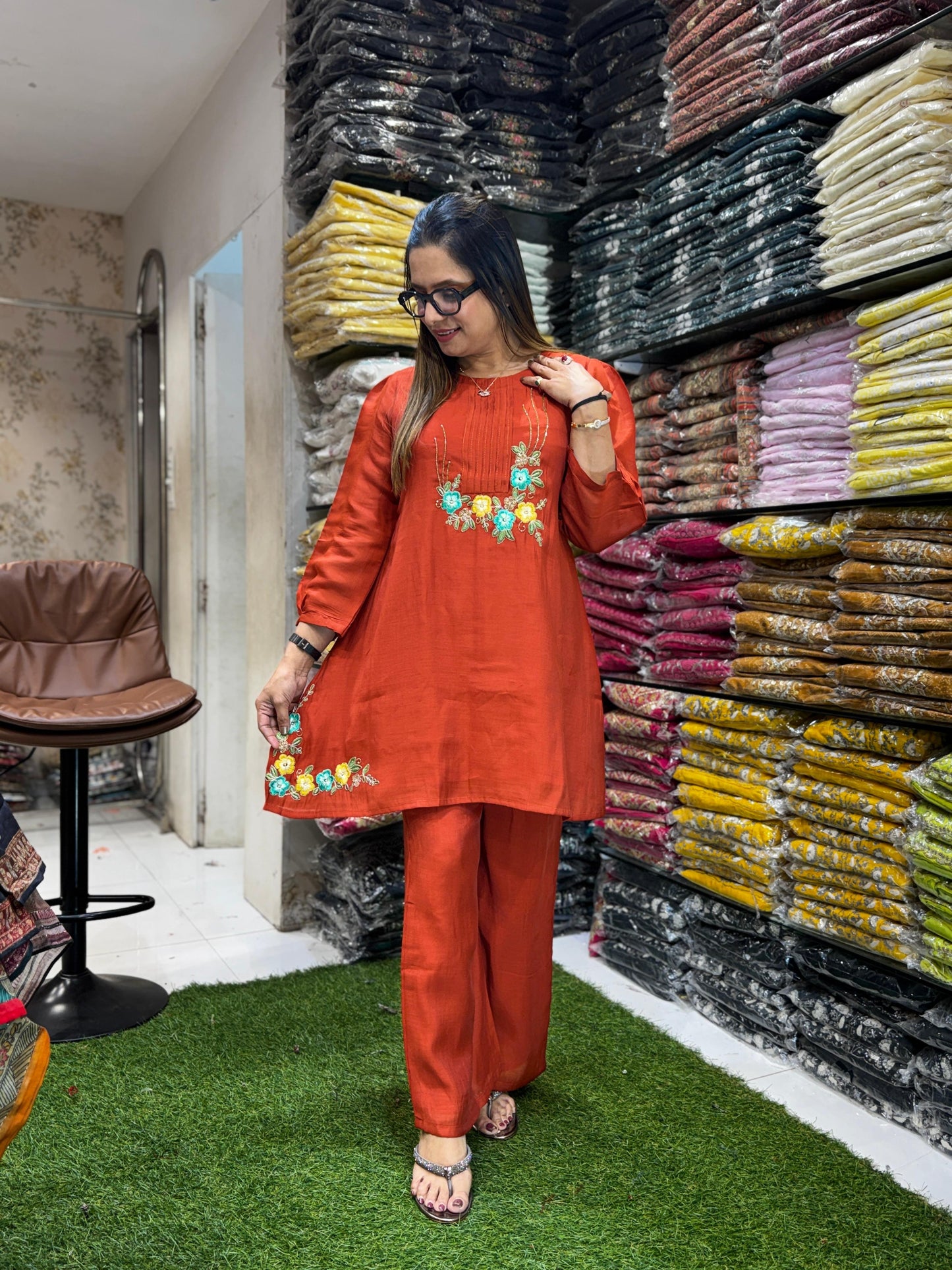 Mull Chanderi Orange 2pc Set