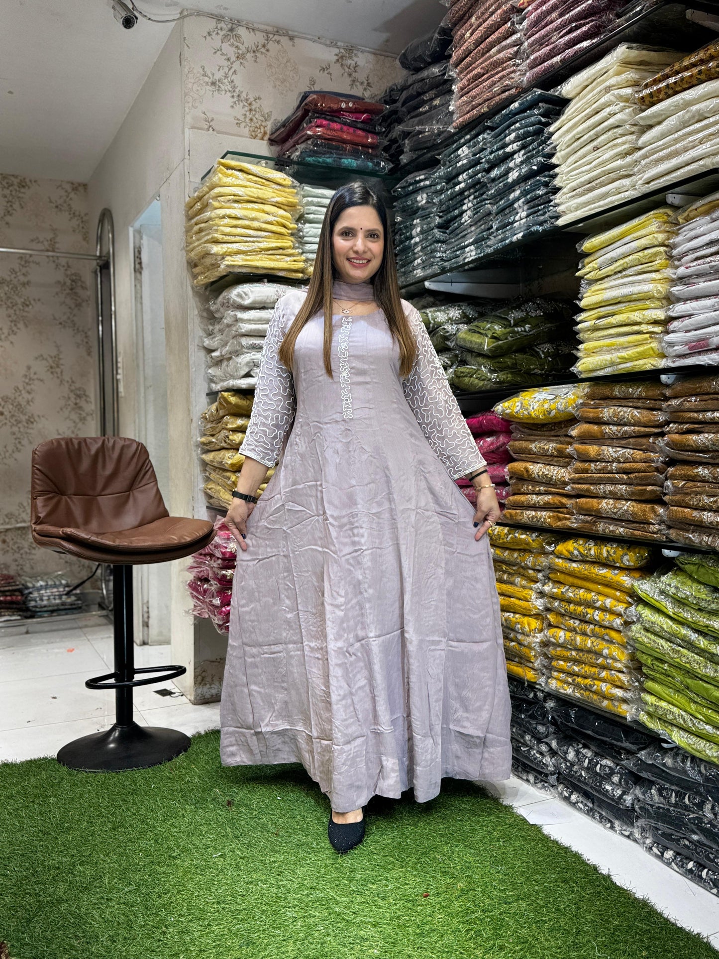 Chinon Gray Anarkali 3pc Set