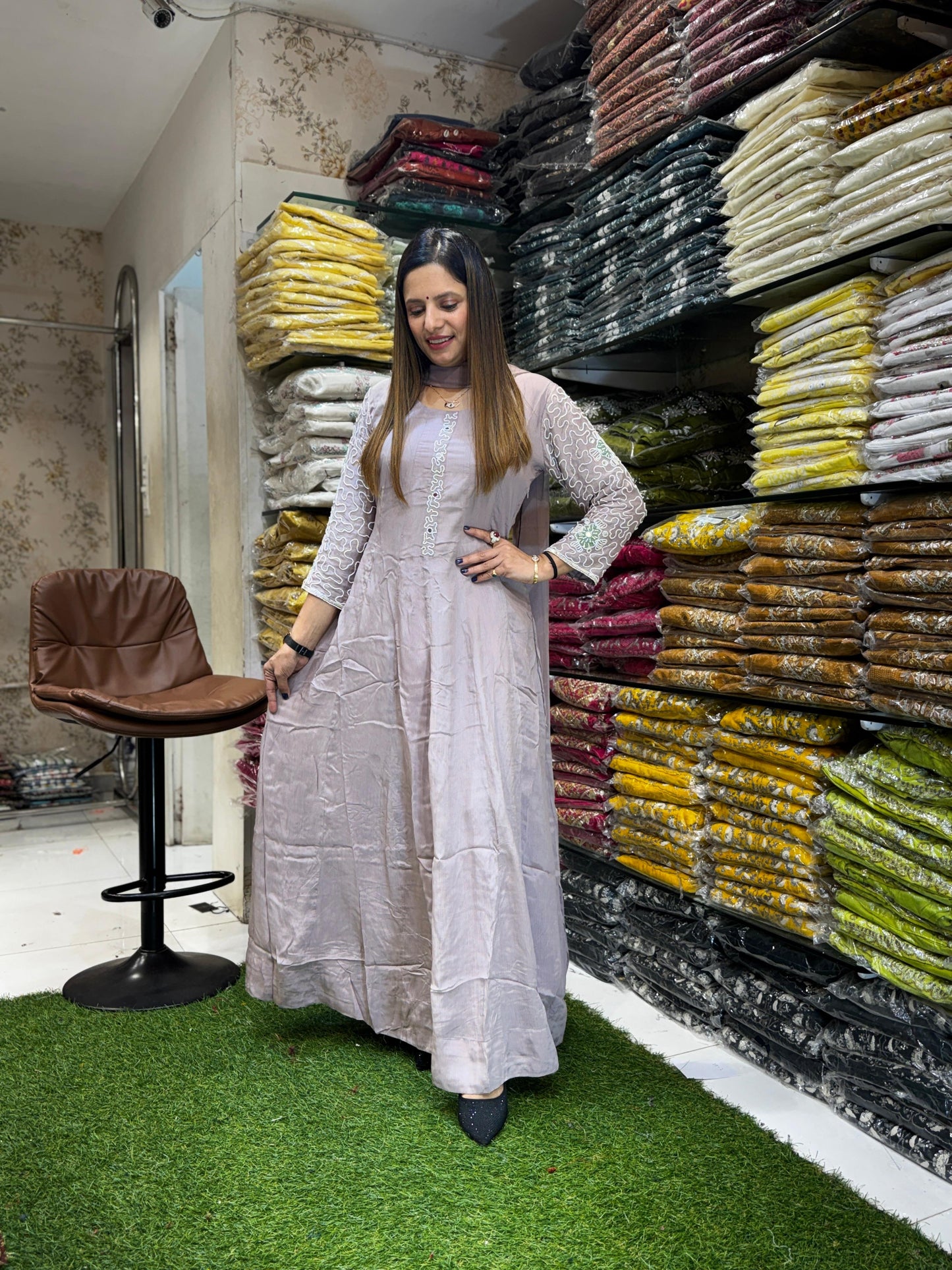 Chinon Gray Anarkali 3pc Set