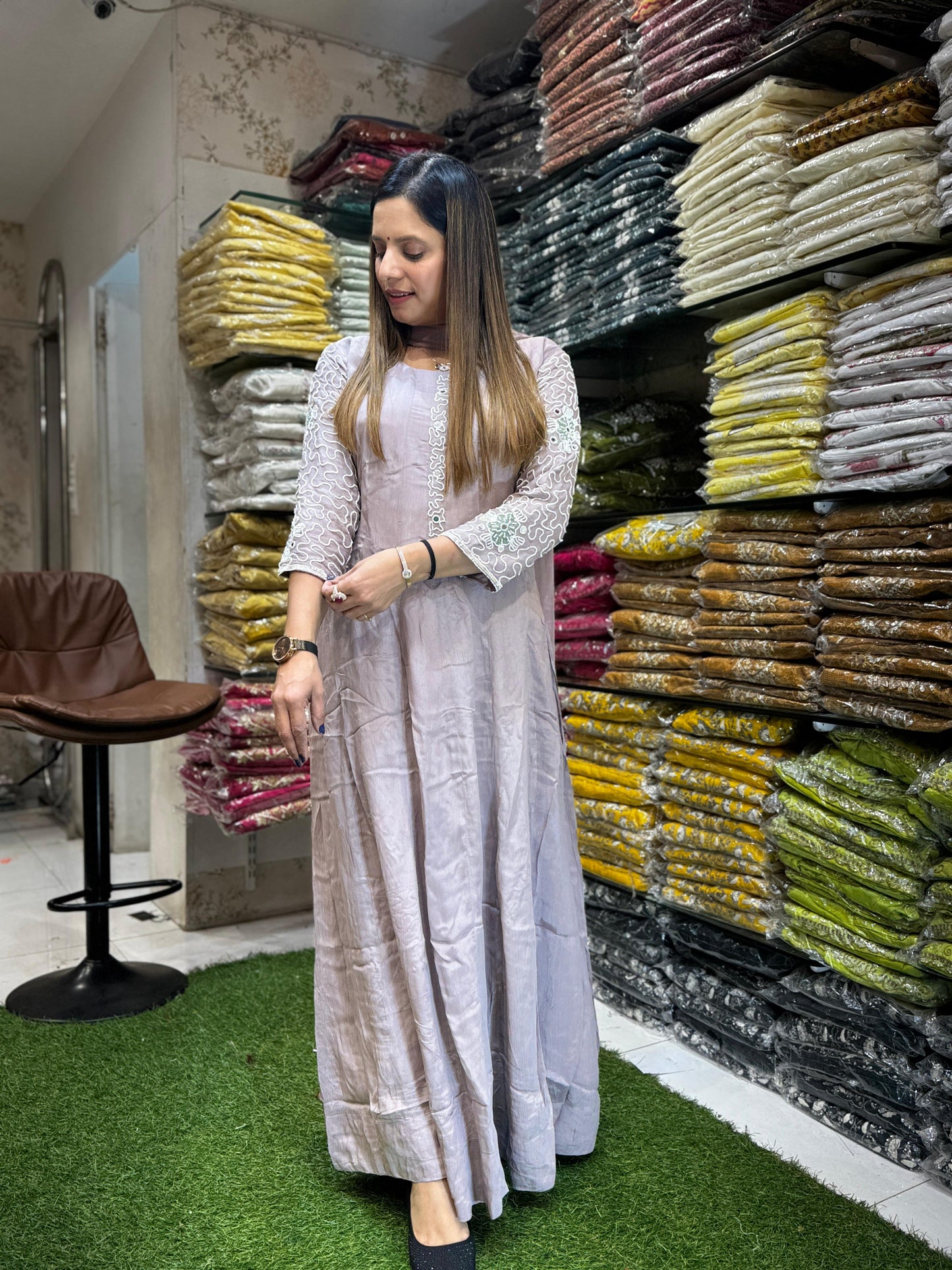 Chinon Gray Anarkali 3pc Set