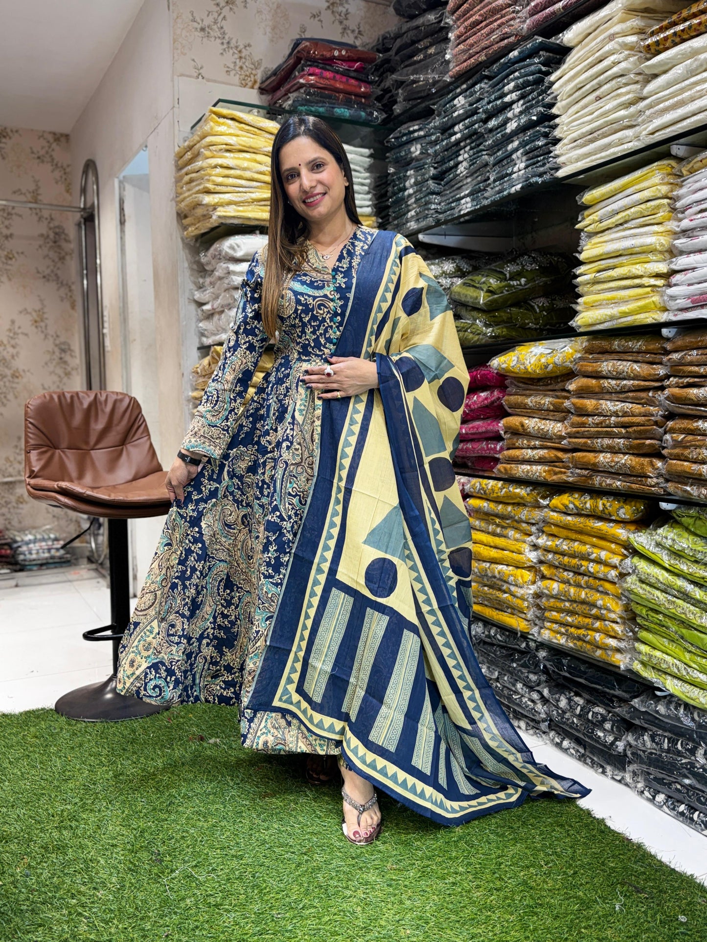 Jaipuri Cotton Anarkali Blue 3pc Set