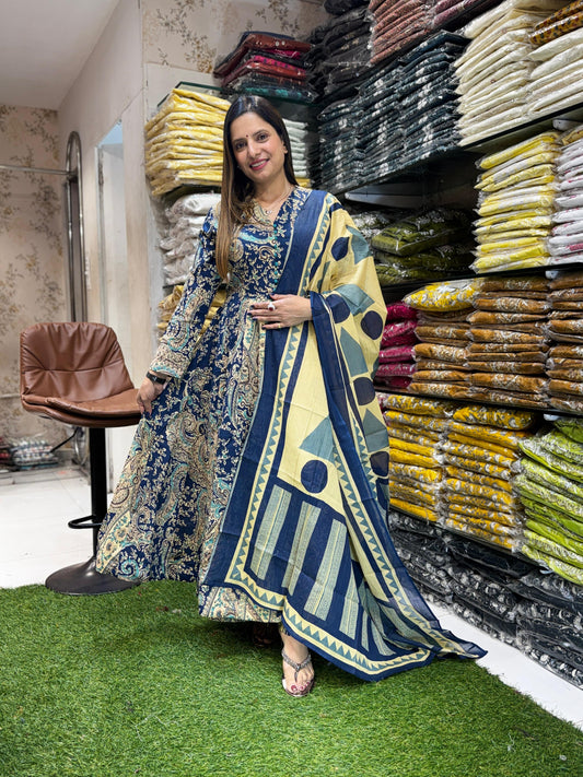 Jaipuri Cotton Anarkali Blue 3pc Set
