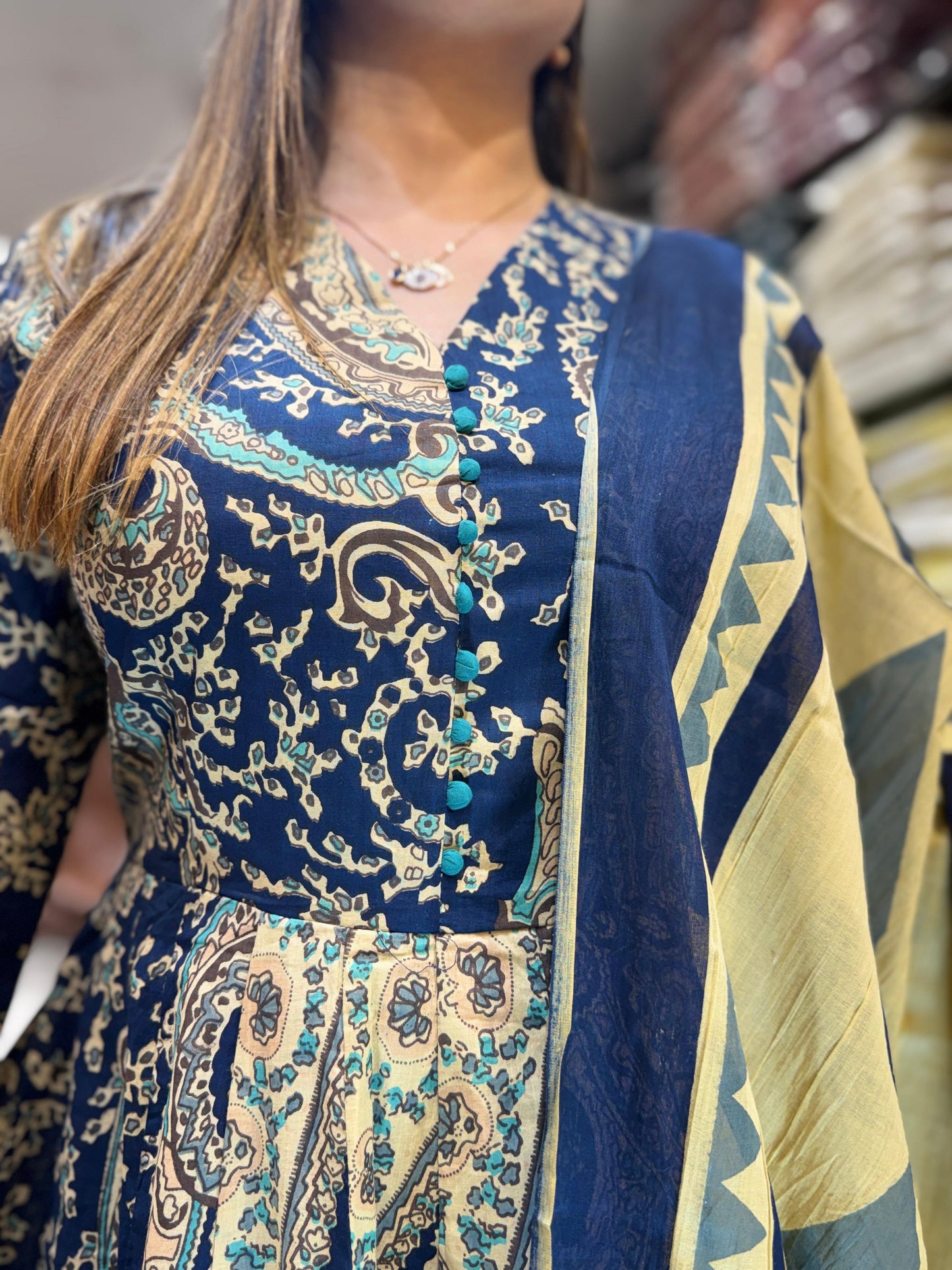 Jaipuri Cotton Anarkali Blue 3pc Set