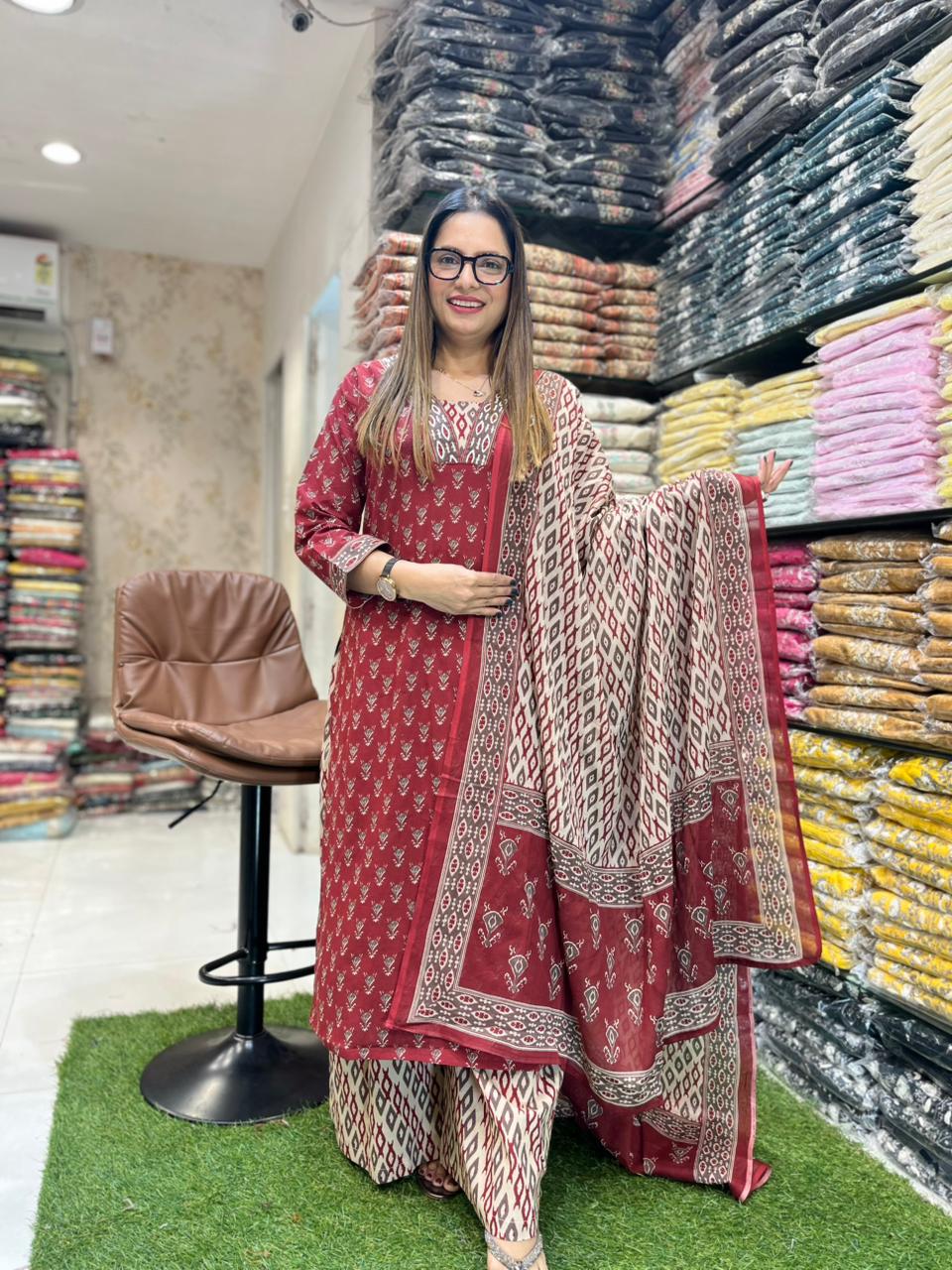 Cotton Maroon 3pc Set