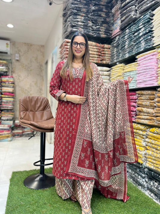 Cotton Maroon 3pc Set