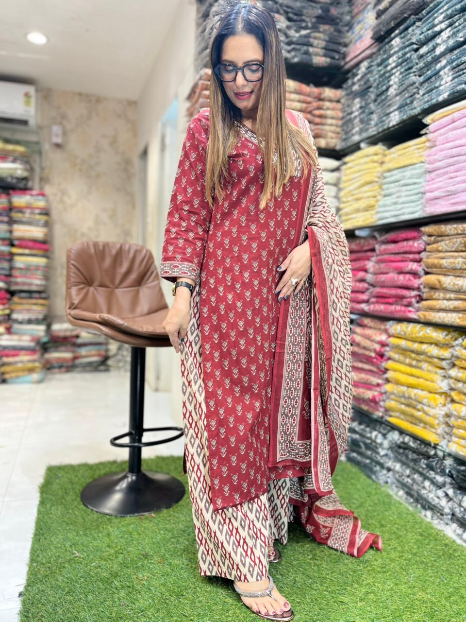 Cotton Maroon 3pc Set