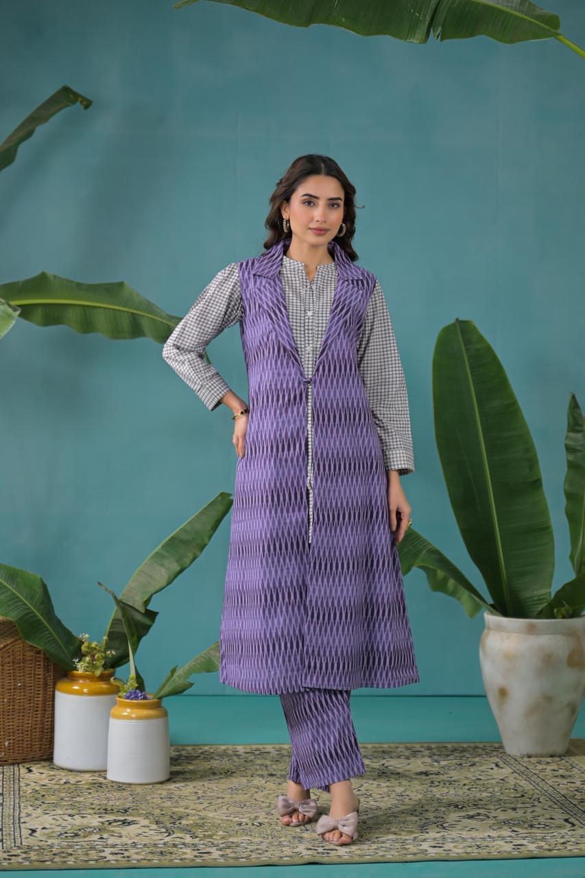 Jaipuri Cotton Purple 3pc Jacket Set