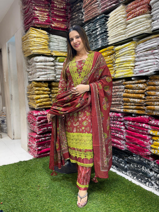 Jaipuri Cotton Pakistani 3pc Set Maroon Color