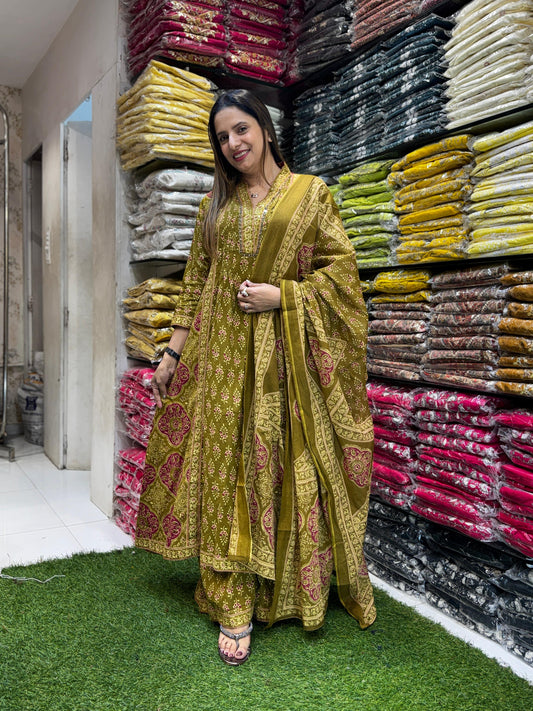 Cotton Mahendi Anarkali 3pc Set