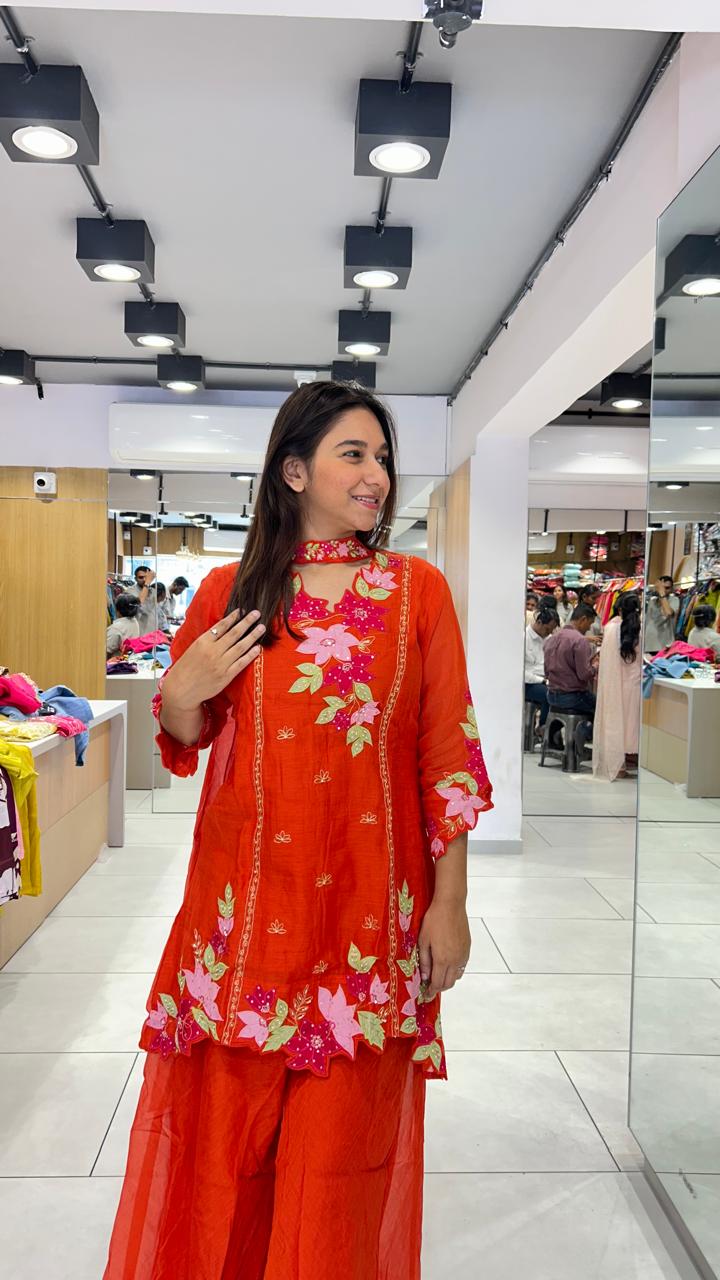 Banaras Mull Chanderi Orange 3pc Set