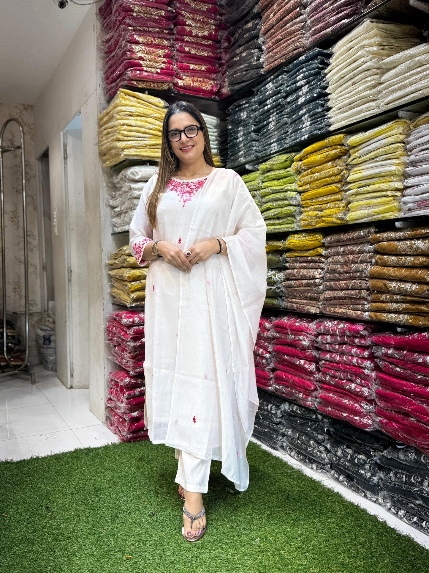 Mull Chanderi Pastle Pink White 3pc Set