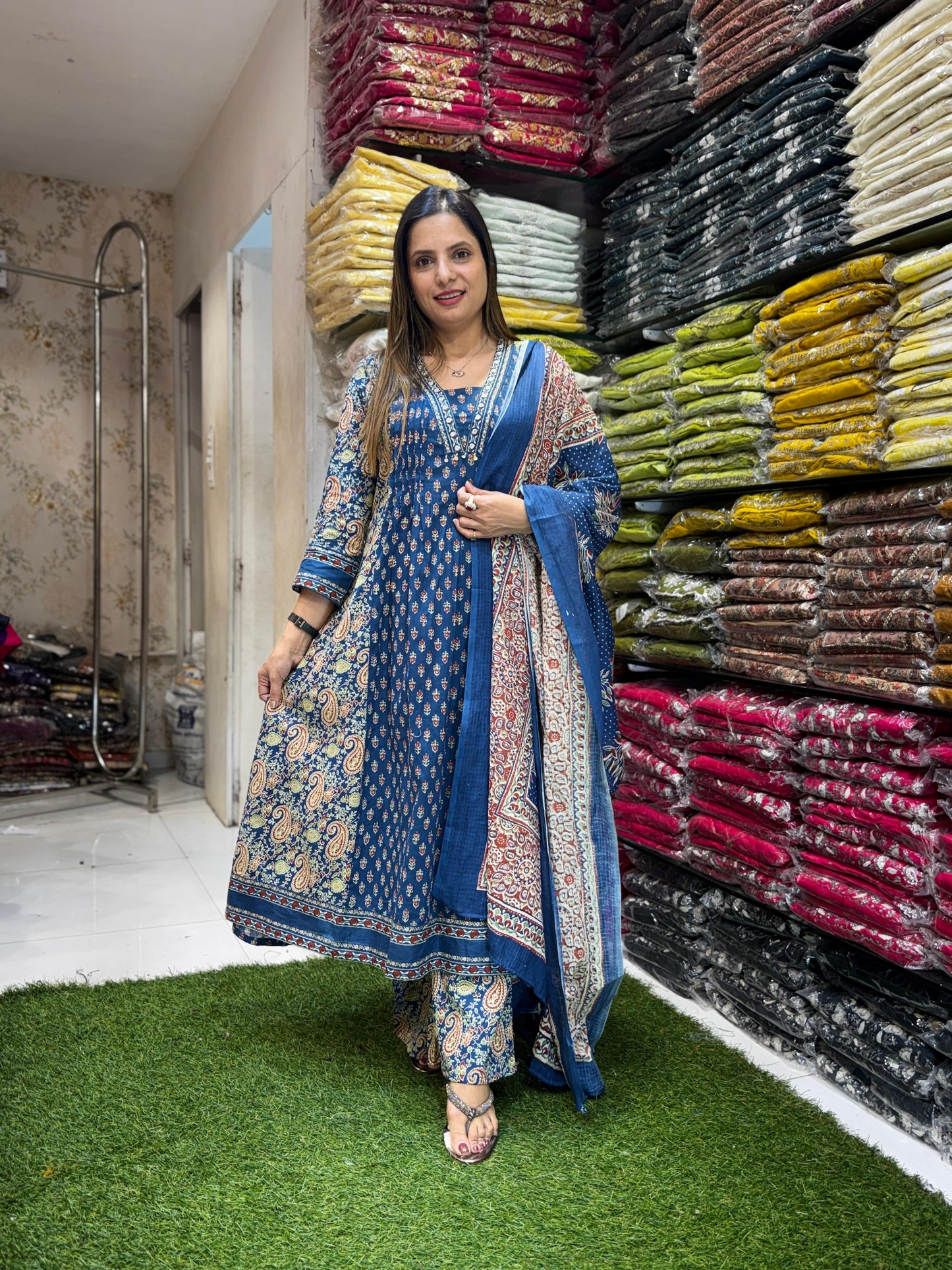 Cotton Blue Anarkali 3pc Set