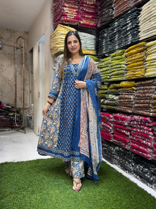 Cotton Blue Anarkali 3pc Set