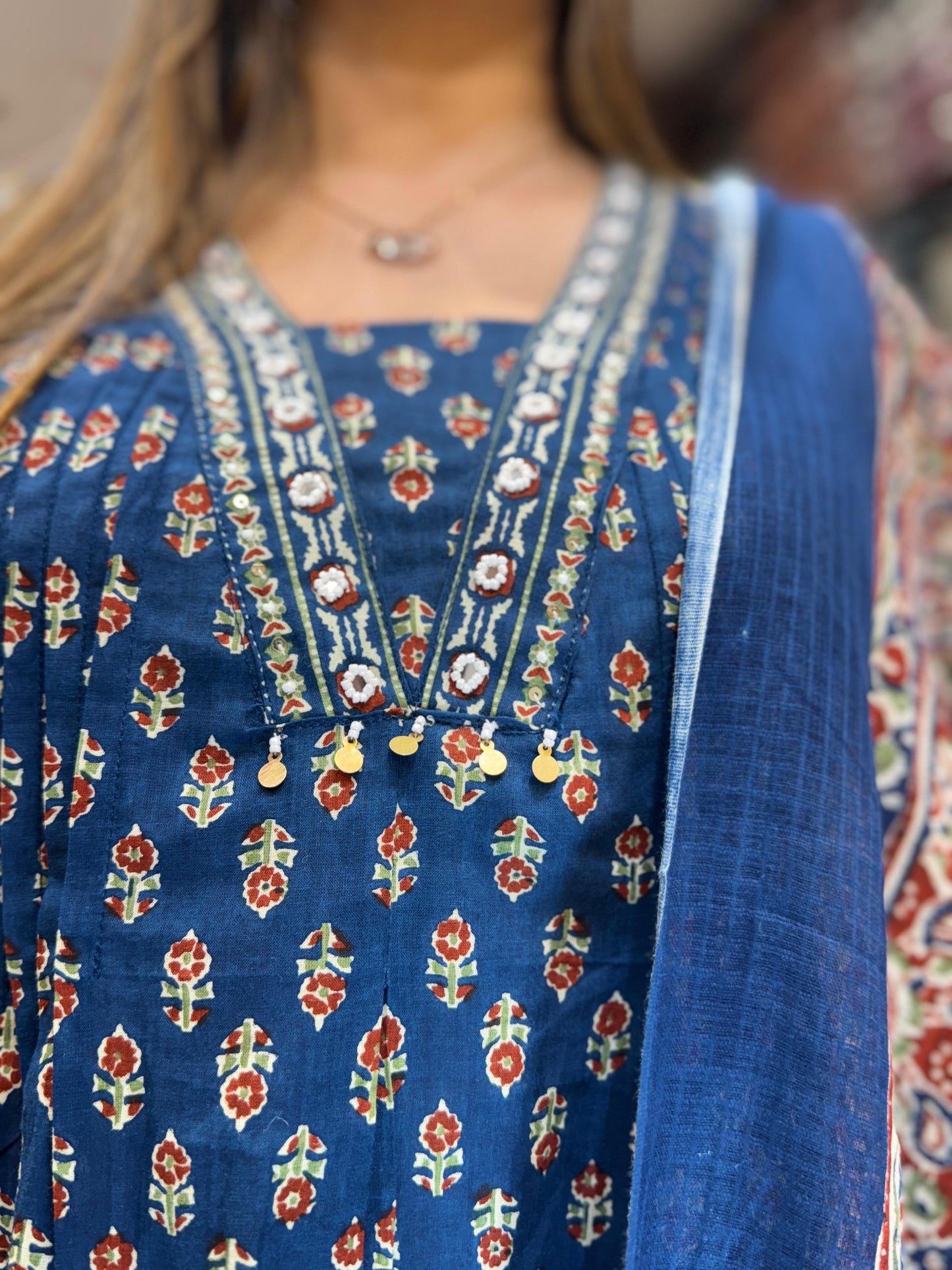 Cotton Blue Anarkali 3pc Set