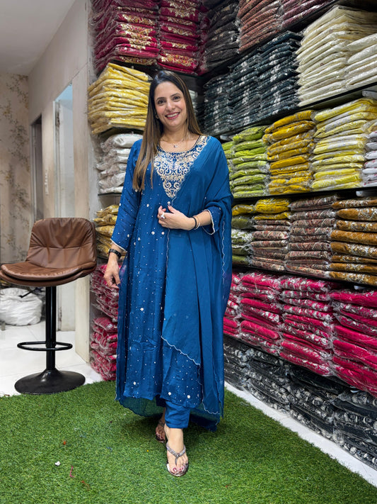 Chinon Peacock Blue Anarkali 3pc Set