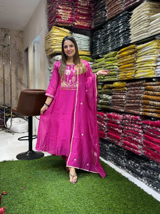 Banaras Mull Chanderi Rani Pink Anarkali 3pc Set