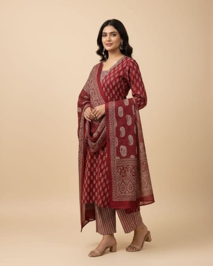 Cotton Maroon Plus Size 3pc Set