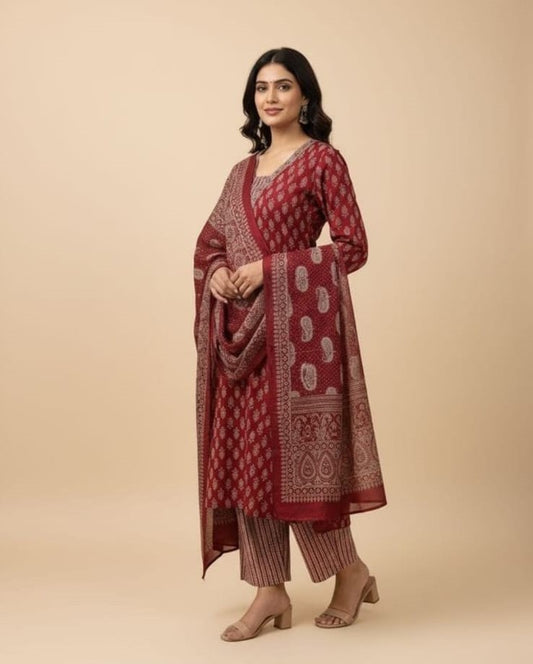 Cotton Maroon Plus Size 3pc Set