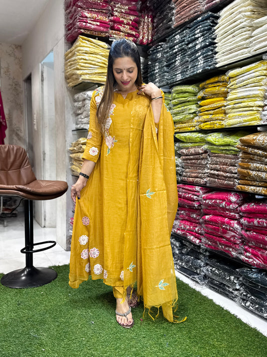 Banaras Mull Chanderi Yellow 3pc Set