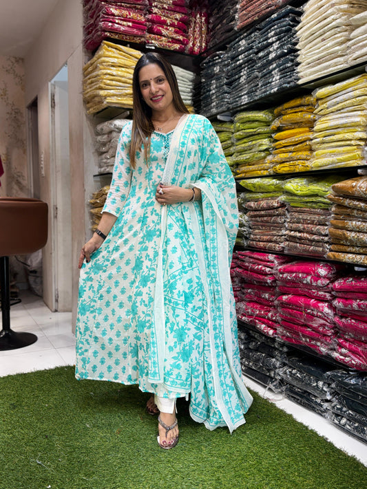 Pure Mull Cotton Anarkali Off White 3pc Set