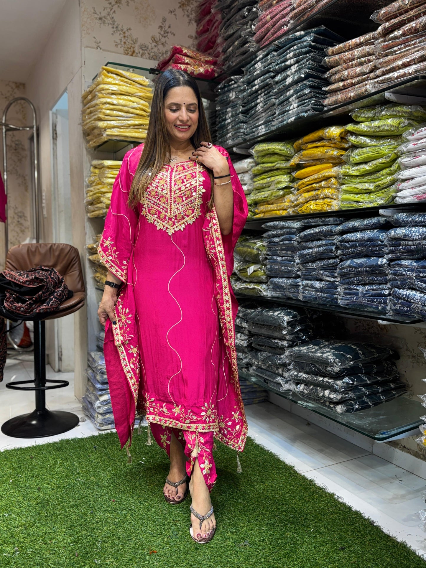 Crep Kaftan Rani Pink 2pc Set