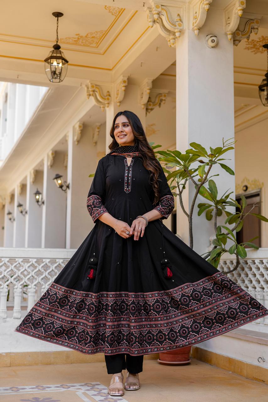 Pure Cotton Black Shoulder Anarkali 3pc Set