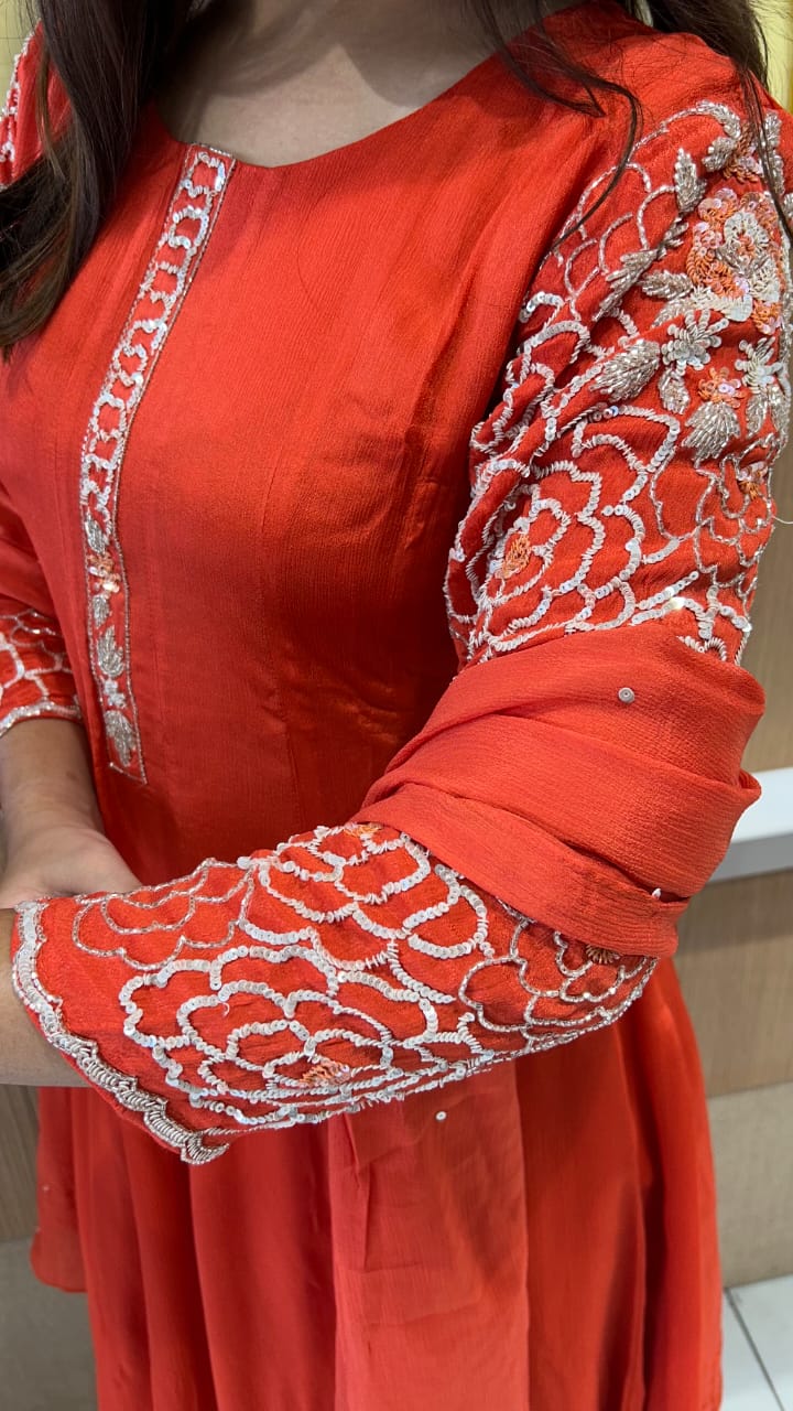 Chinon Orange Anarkali 3pc Set