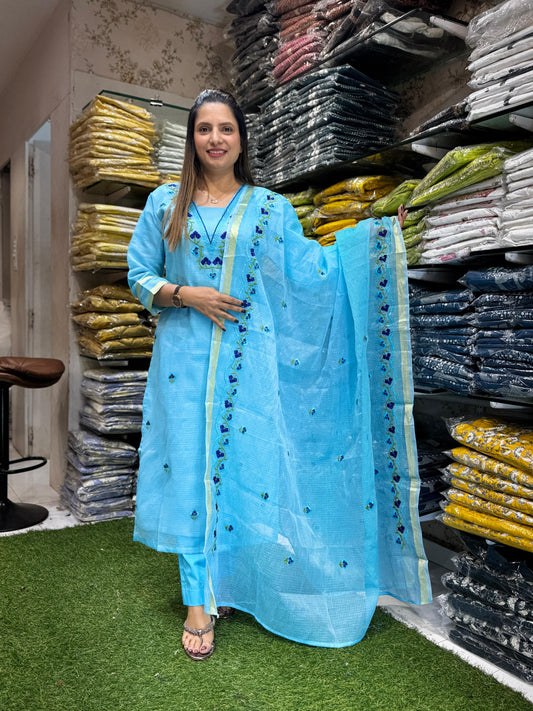 Pure Kota Doria Aqua Blue Aprajita Flowers 3pc Set