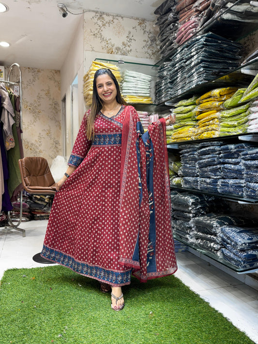 Jaipuri Cotton Maroon 3pc Set