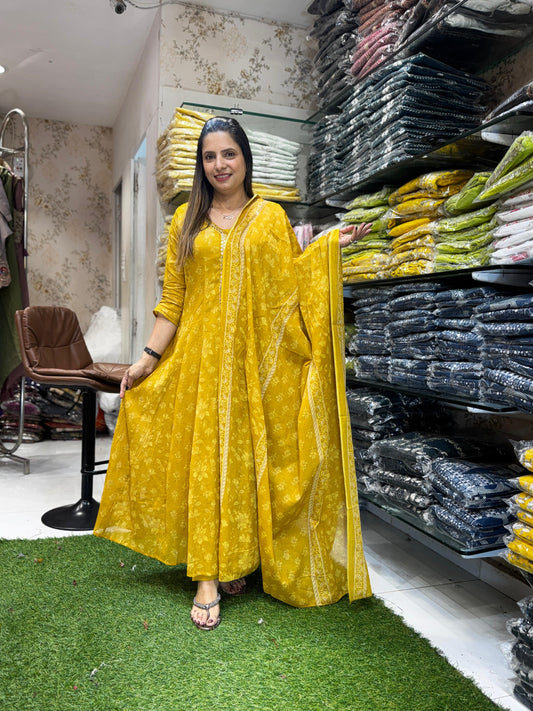 Mull Cotton Yellow Anarkali 3pc Set