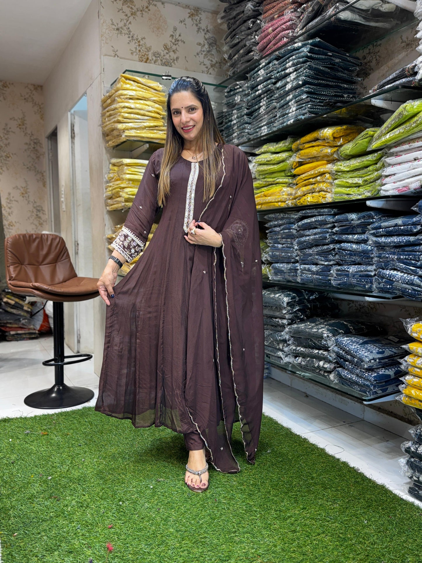 Chinon Brown Anarkali 3pc Set