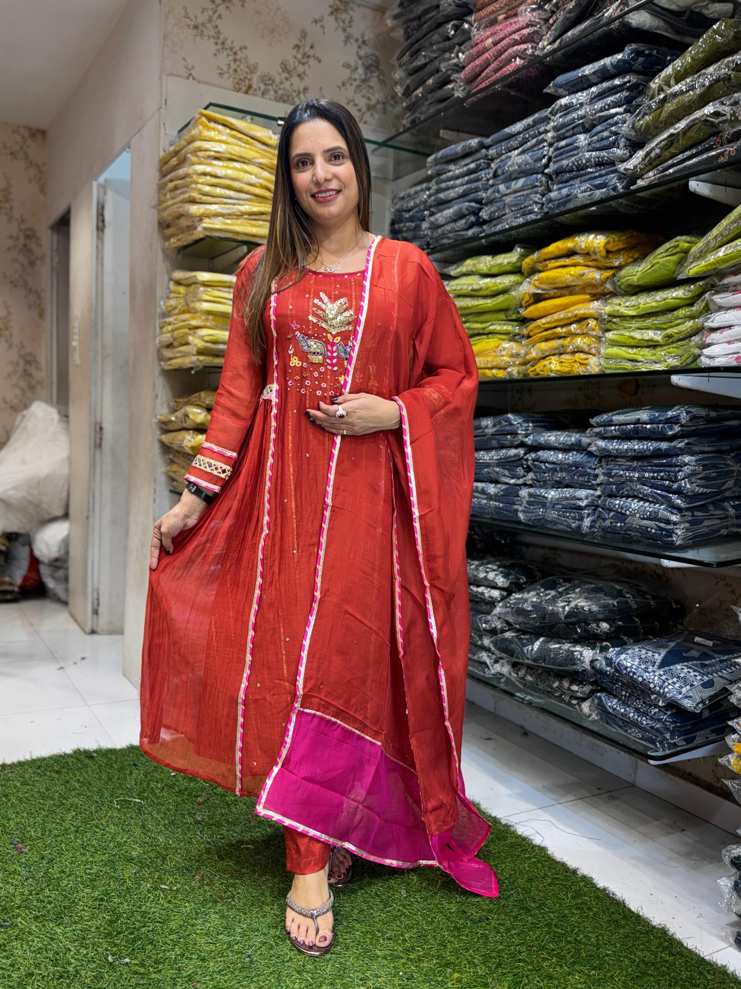 Banaras Mull Chanderi Rust Orange 3pc Set