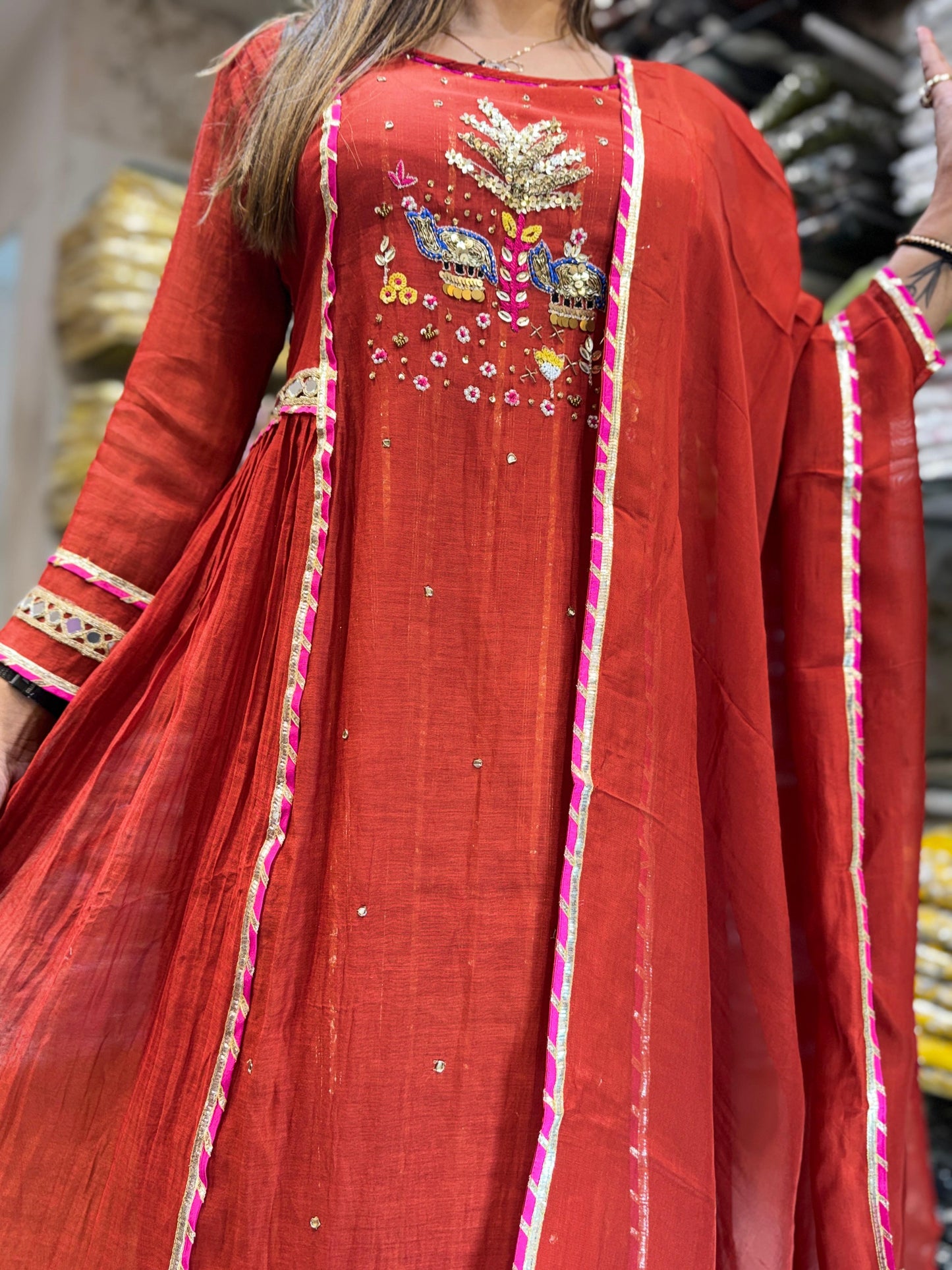 Banaras Mull Chanderi Rust Orange 3pc Set