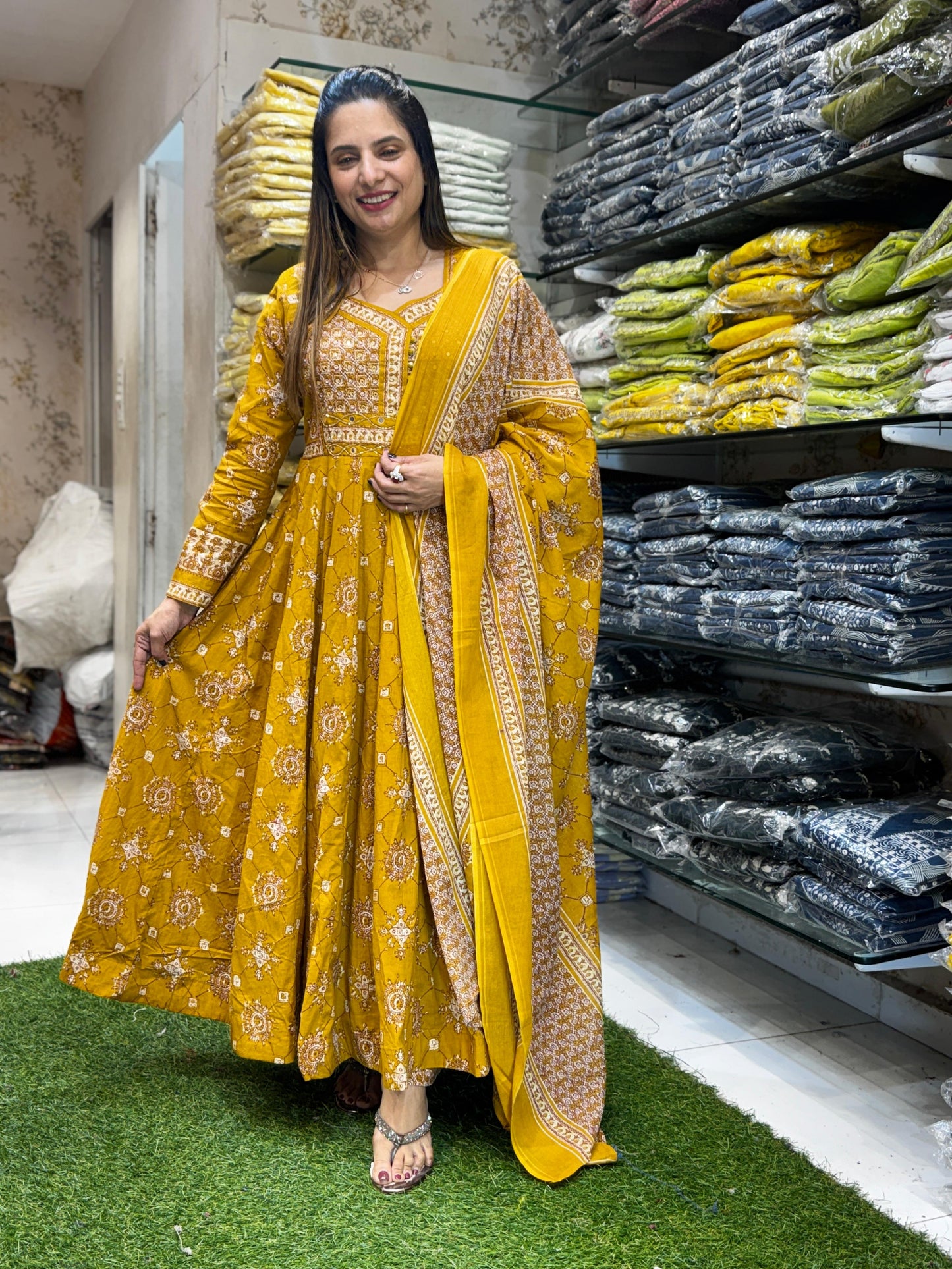 Cotton Gold Yellow Anarkali 3pc Set