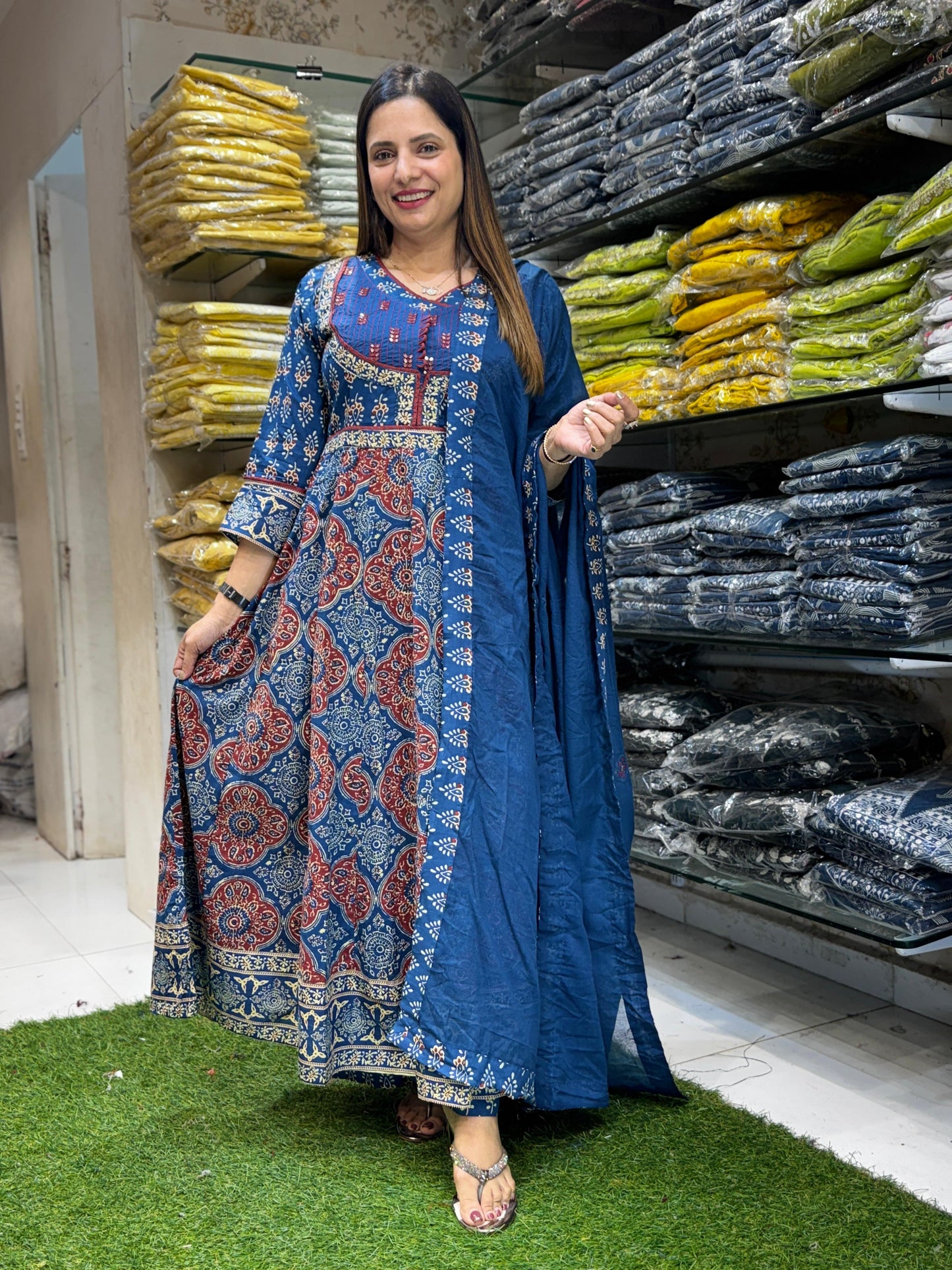 Cotton Blue Anarkali 3pc Set