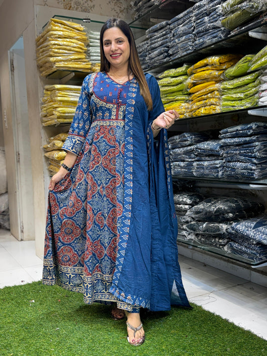 Cotton Blue Anarkali 3pc Set