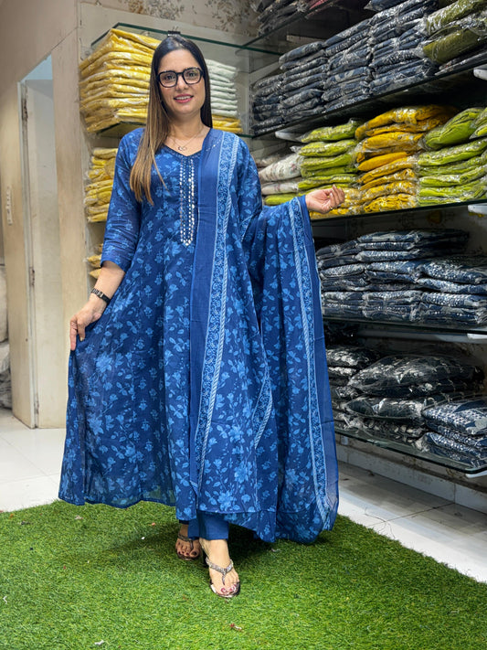 Mull Cotton Blue Anarkali 3pc Set