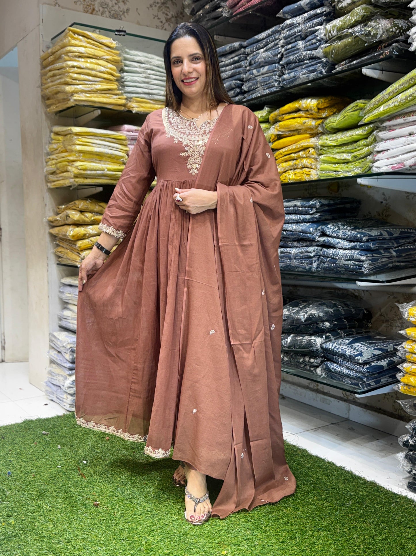 Mull Cotton Brown Anarkali 3pc Set
