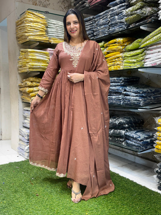 Mull Cotton Brown Anarkali 3pc Set