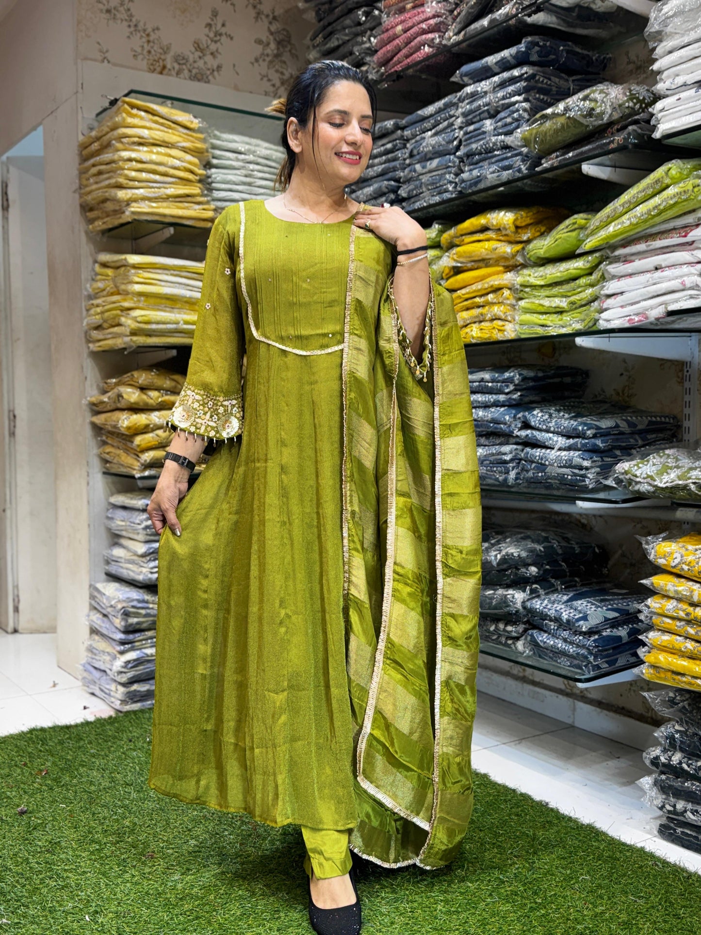 Chinon Tissue Green Anarkali 3pc Set