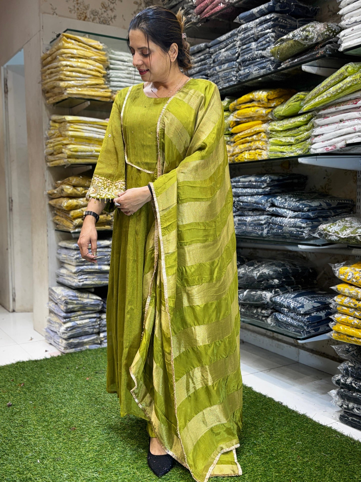 Chinon Tissue Green Anarkali 3pc Set