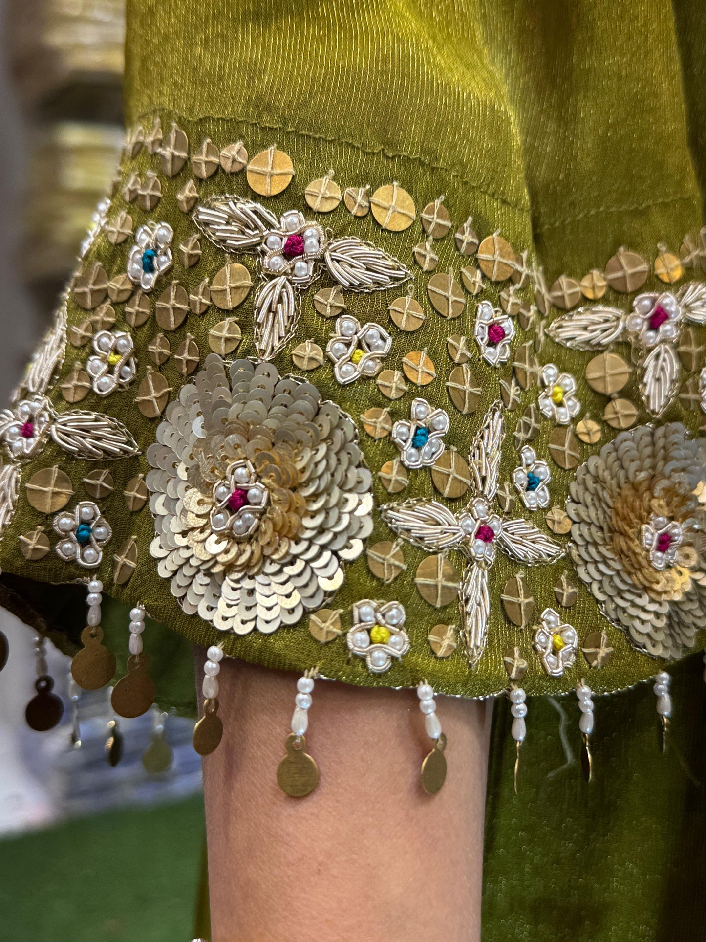 Chinon Tissue Green Anarkali 3pc Set