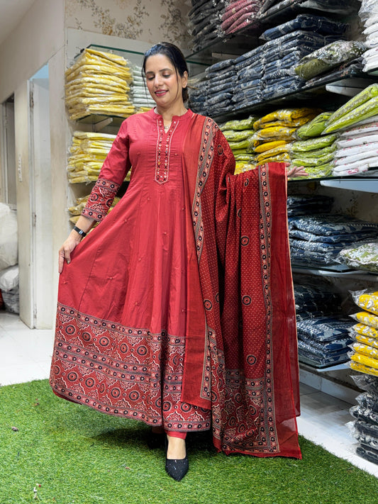 Cotton Maroon Anarkali 3pc Set