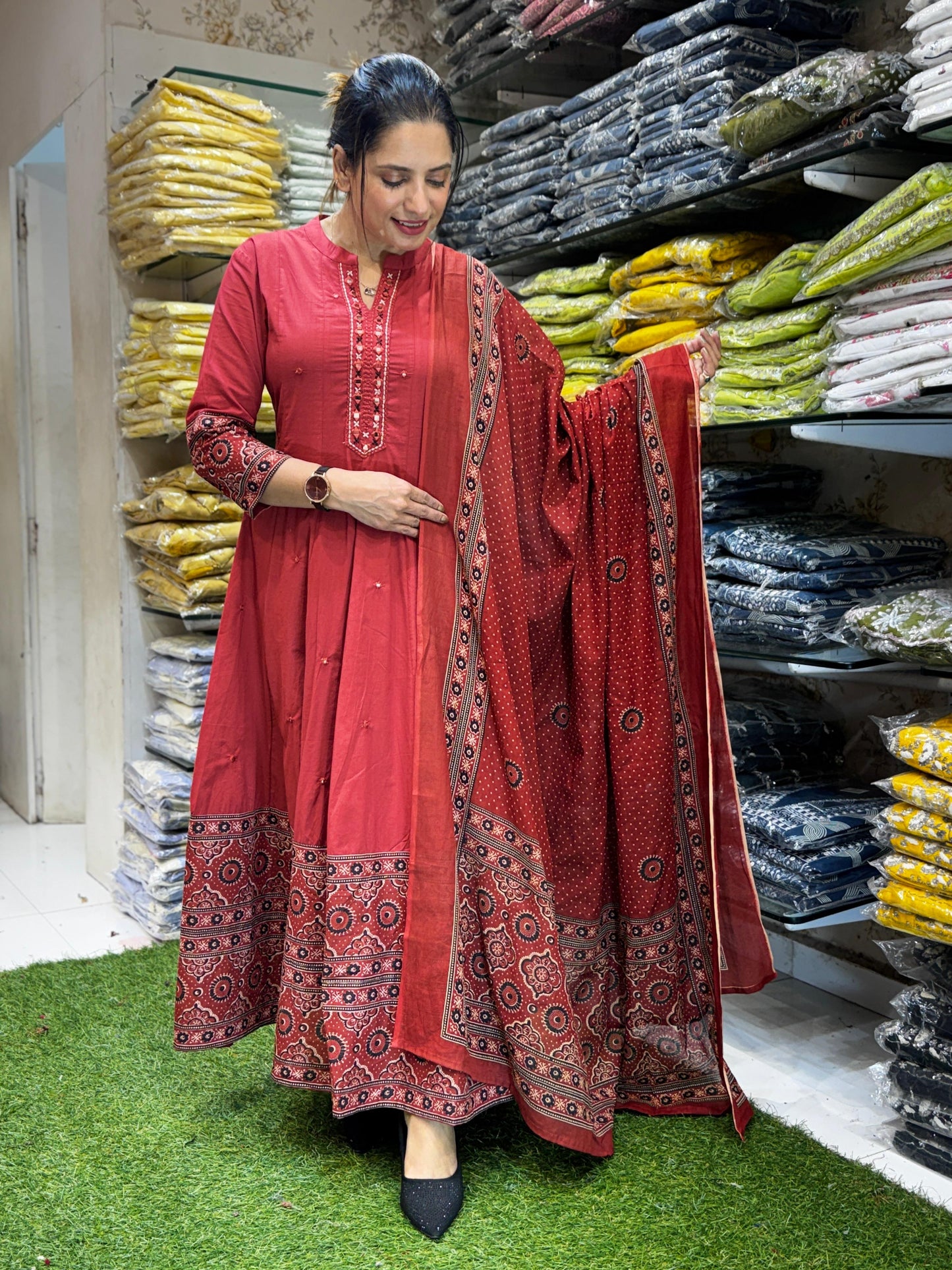 Cotton Maroon Anarkali 3pc Set