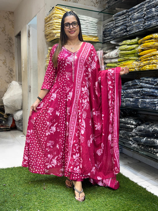 Mull Cotton Pink Shoulder Anarkali 3pc Set