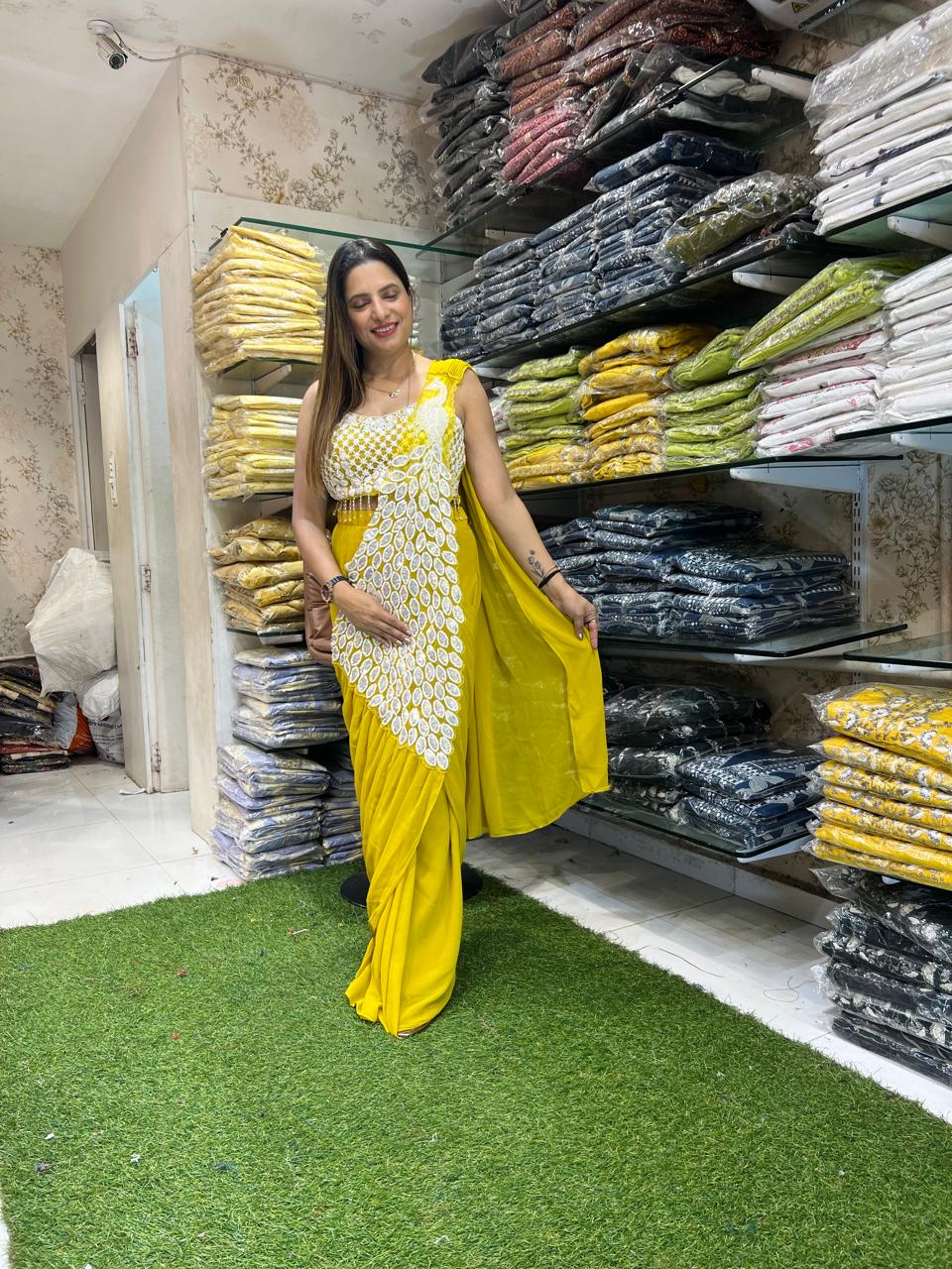 Georgette Yellow Drep Saree