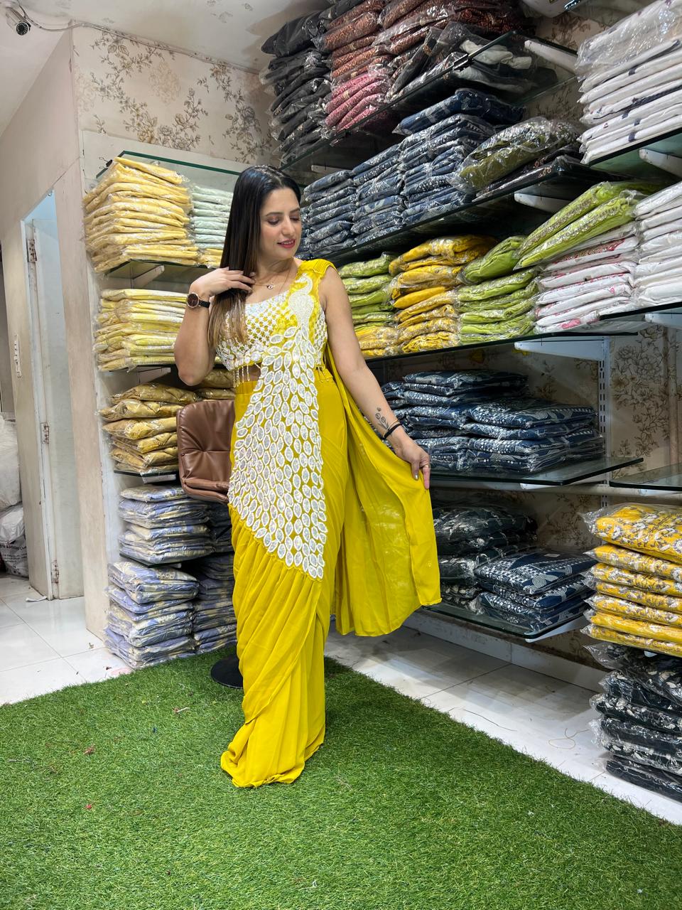 Georgette Yellow Drep Saree