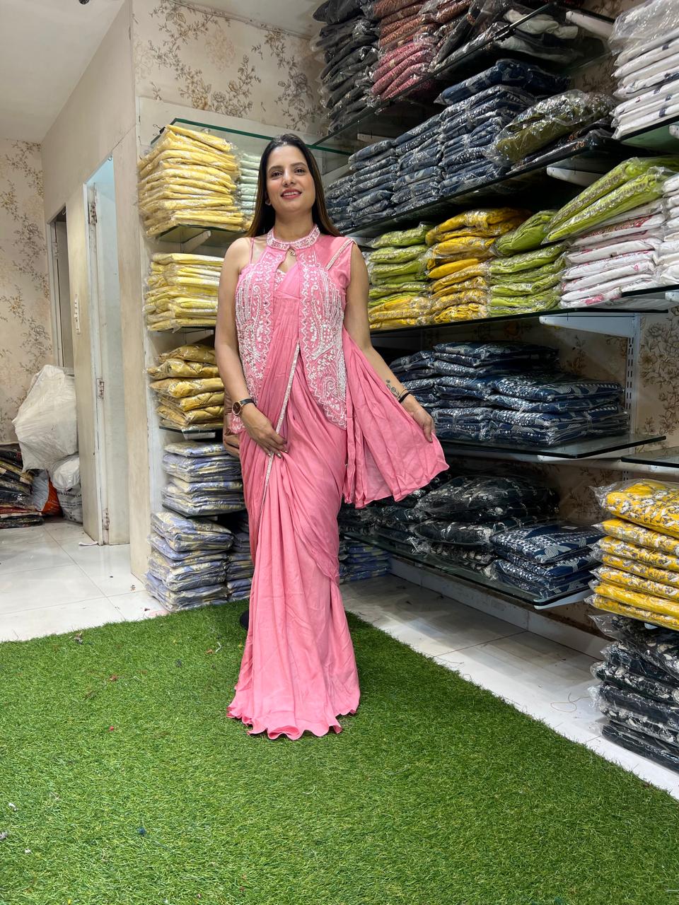 Chinon Baby Pink Drep Saree