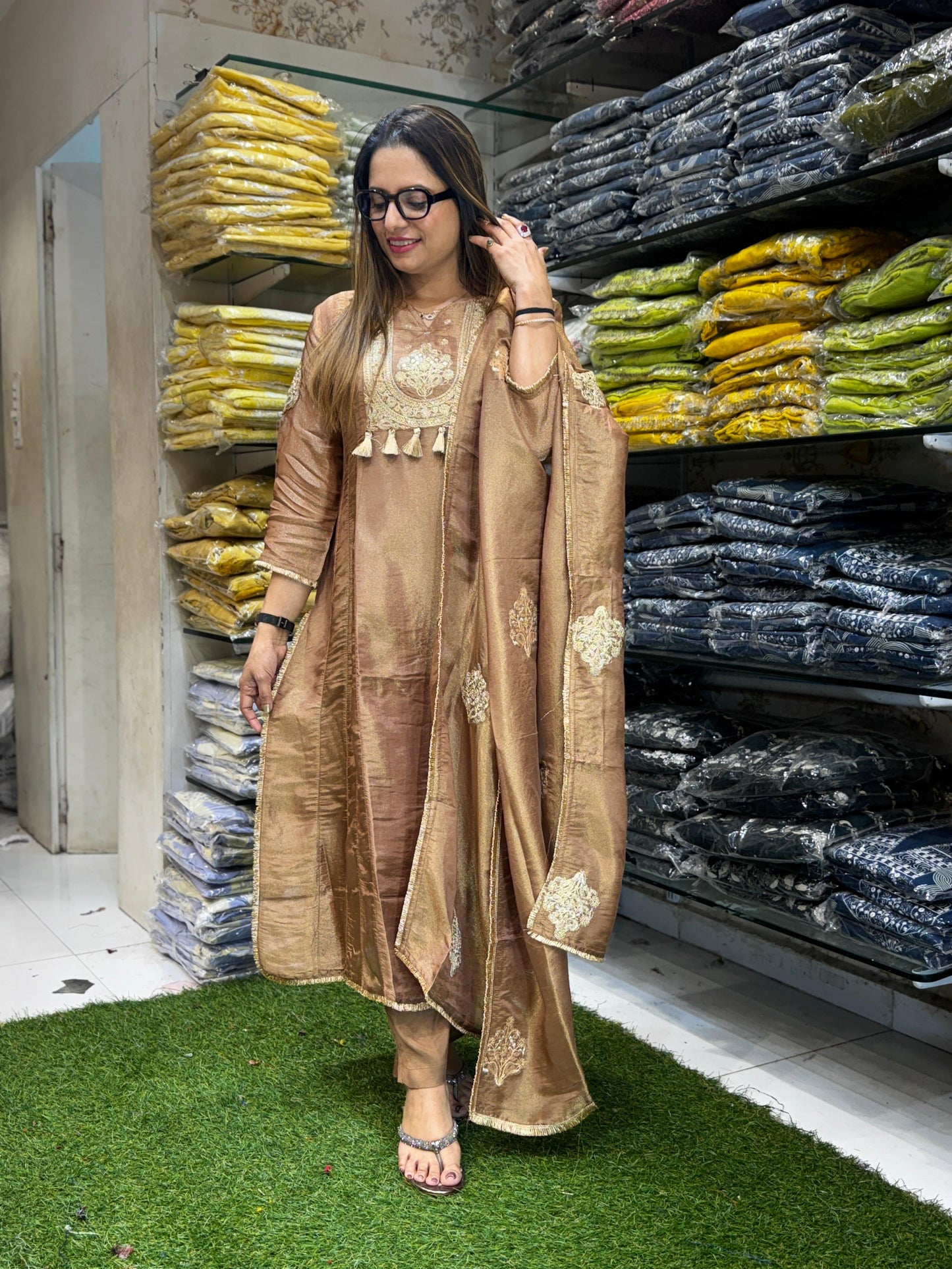 Simmer Tissue Copper Brown A-Line Anarkali 3pc Set